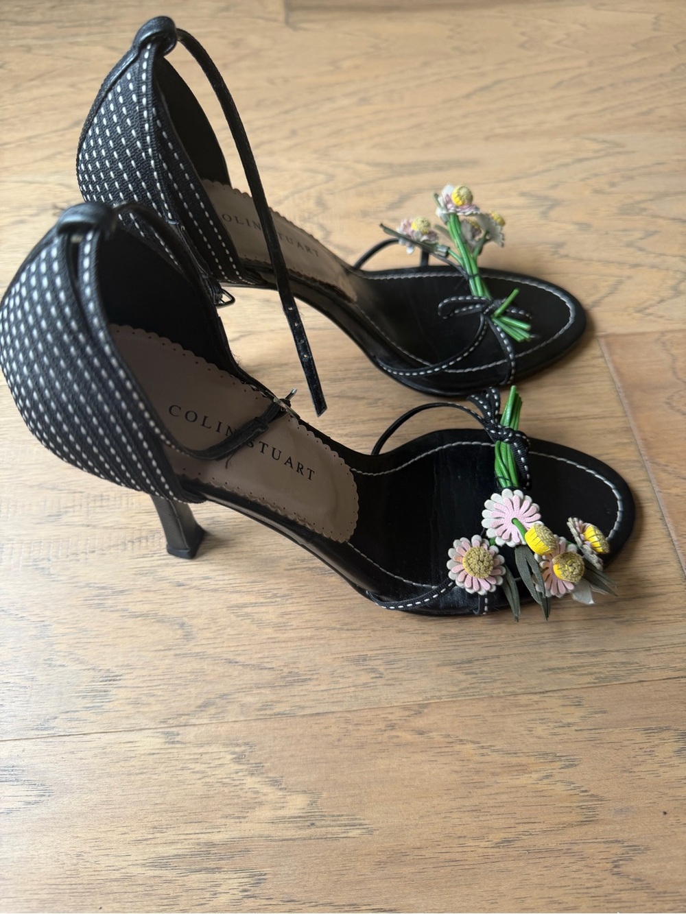 Colin Stuart Black Leather Floral Strap Heels with Pink & Yellow Accents - Picture 4 of 10